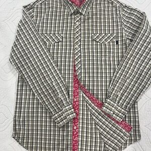 Men's Black and White Plaid Shirt with Red Accents